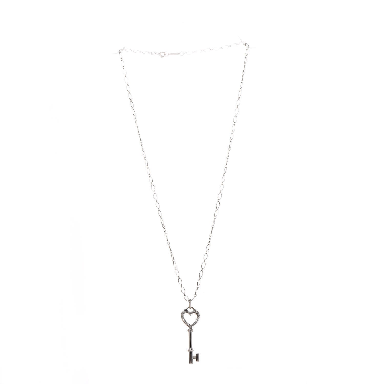 Tiffany 18K White Gold Diamond Mini Heart Key Charm Pendant Link Necklace 4 of 9