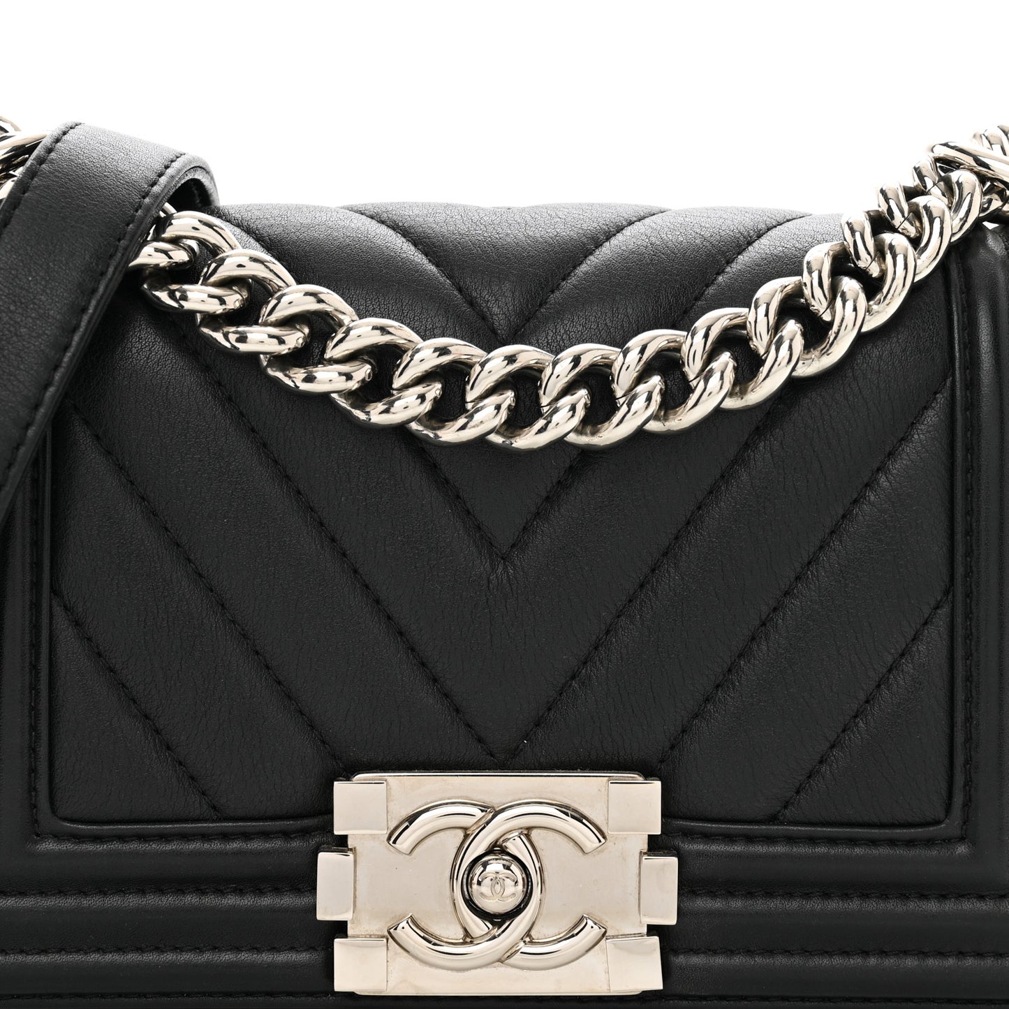 Calfskin Chevron Quilted Small Boy Flap Black