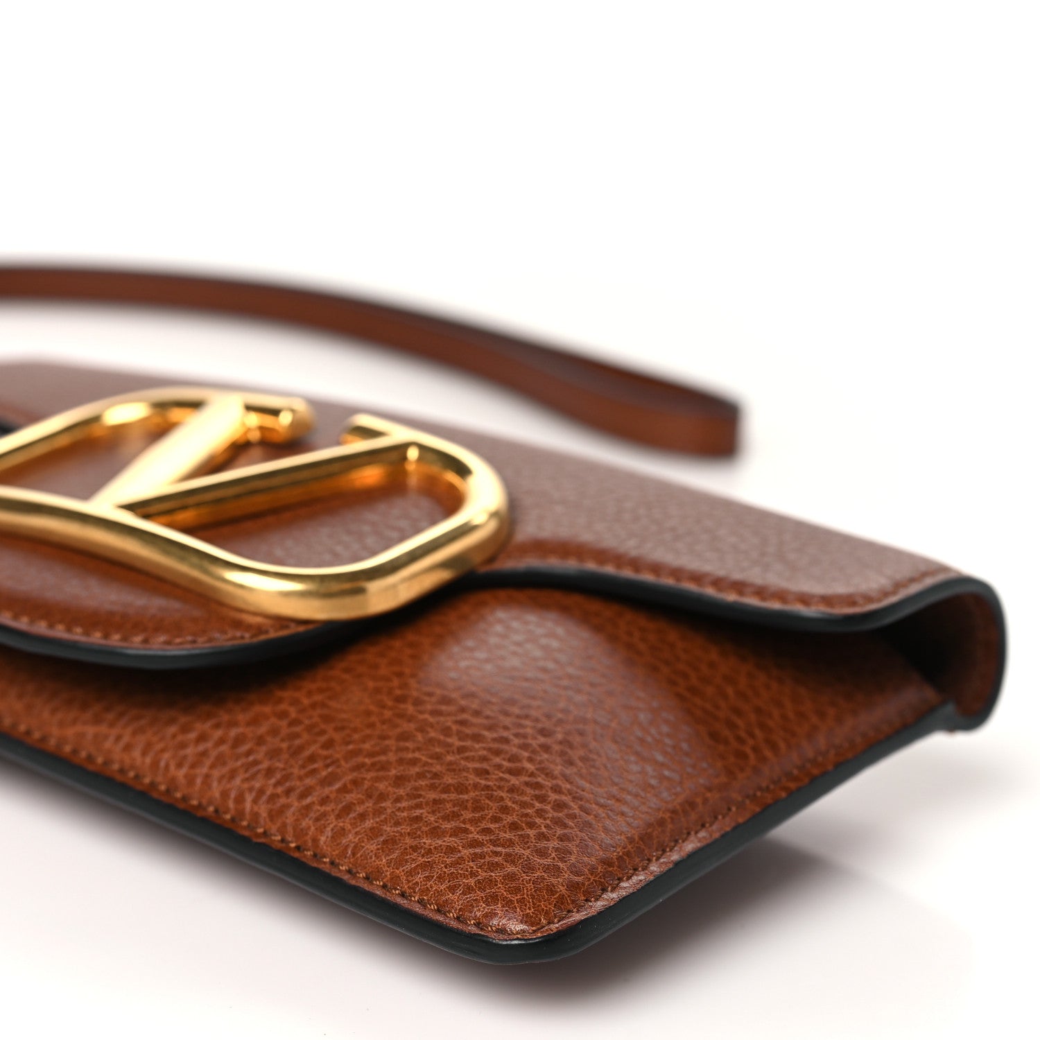 Valentino Garavani Grained Calfskin Vlogo Flap Wristlet Pouch Tan