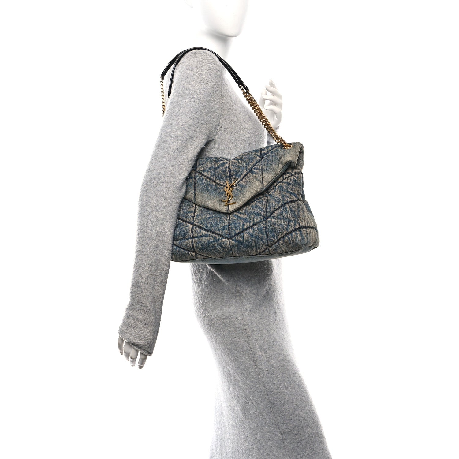 Saint Laurent Denim Quilted Medium Loulou Puffer Monogram Chain Satchel Rodeo Blue 2 of 10
