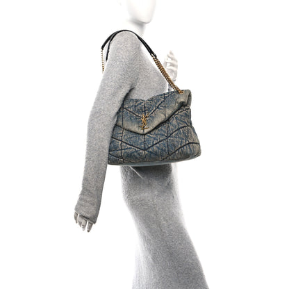 Saint Laurent Denim Quilted Medium Loulou Puffer Monogram Chain Satchel Rodeo Blue 2 of 10