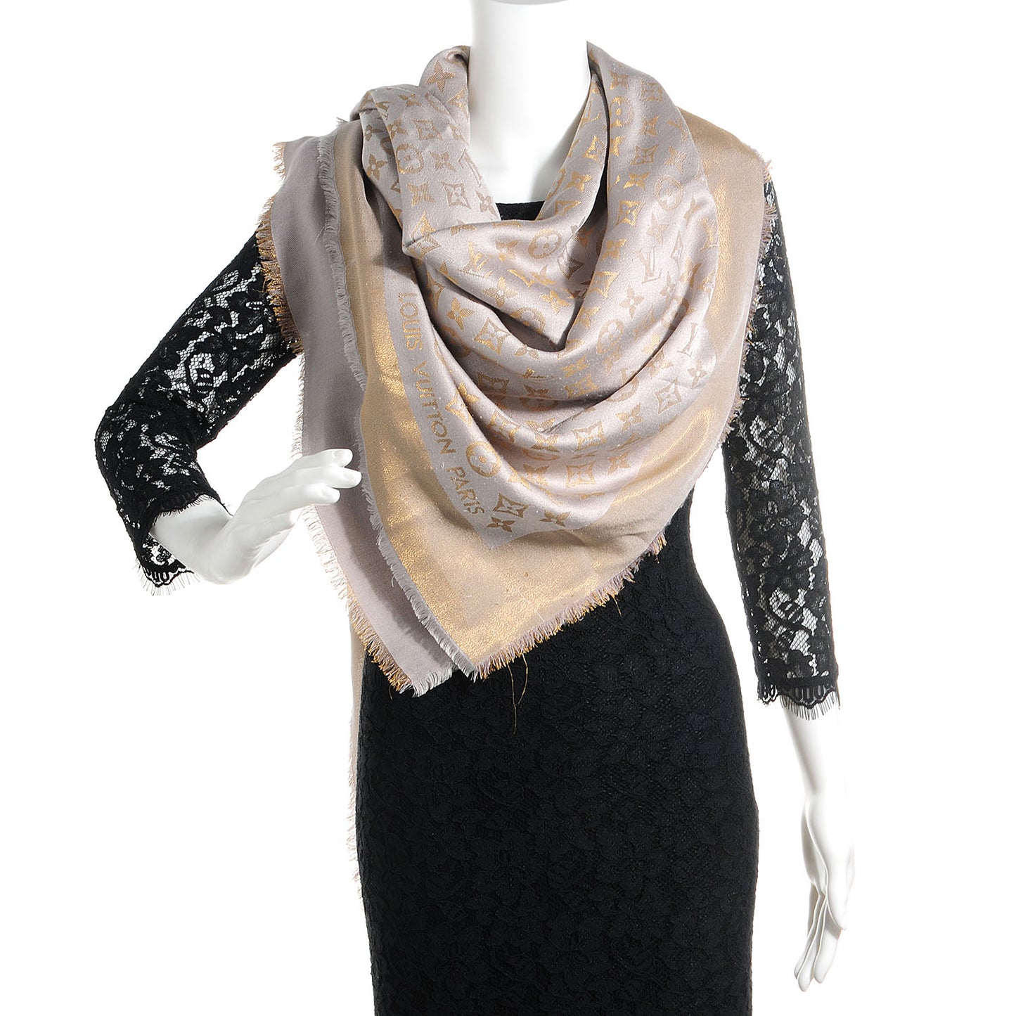 Silk Wool Monogram Shine Shawl Beige
