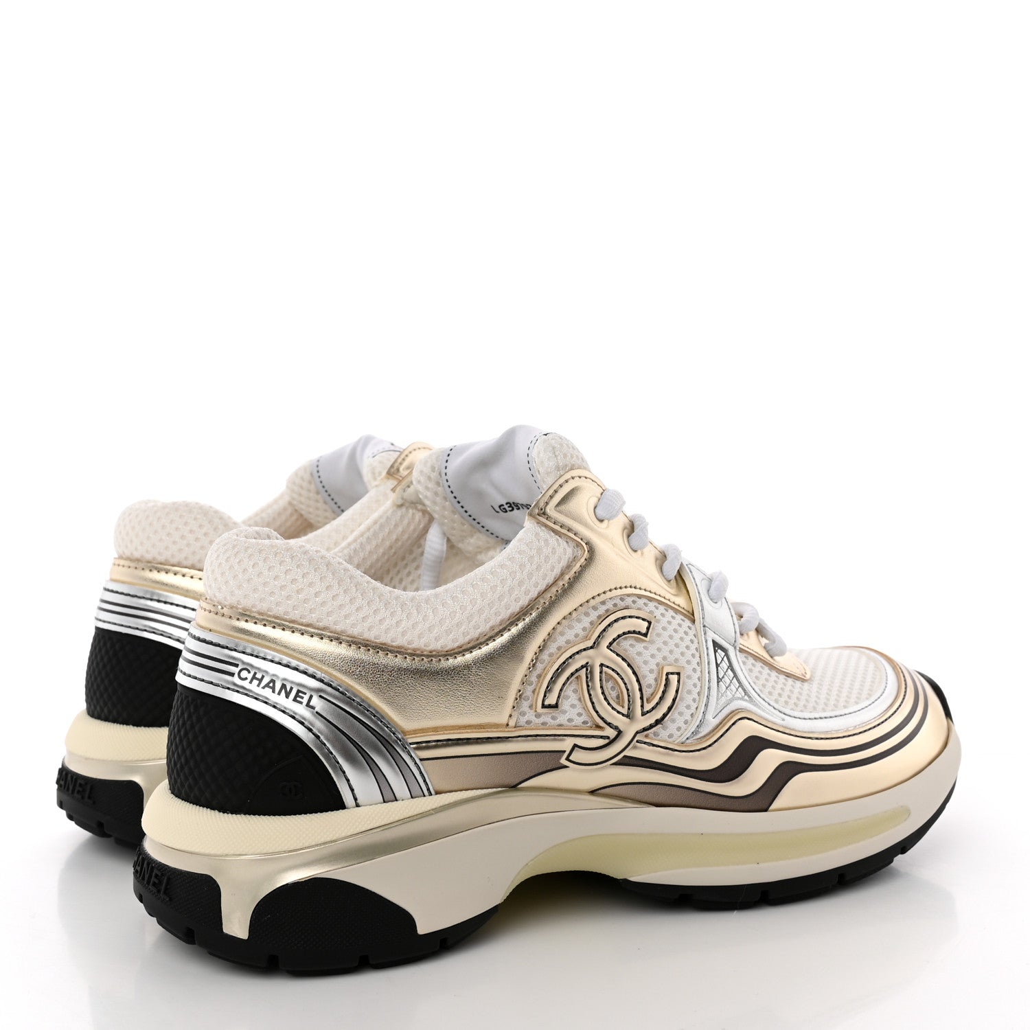 Chanel Fabric Laminated Calfskin Stretch CC Womens Sneakers 38 White Gold Silver 4 of 10
