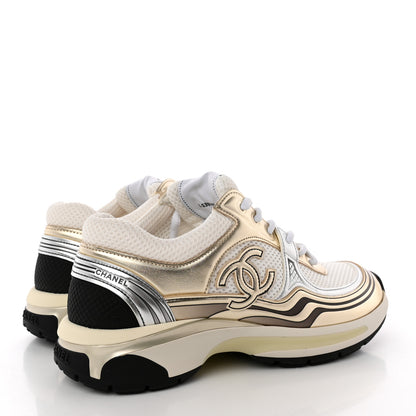 Chanel Fabric Laminated Calfskin Stretch CC Womens Sneakers 38 White Gold Silver 4 of 10