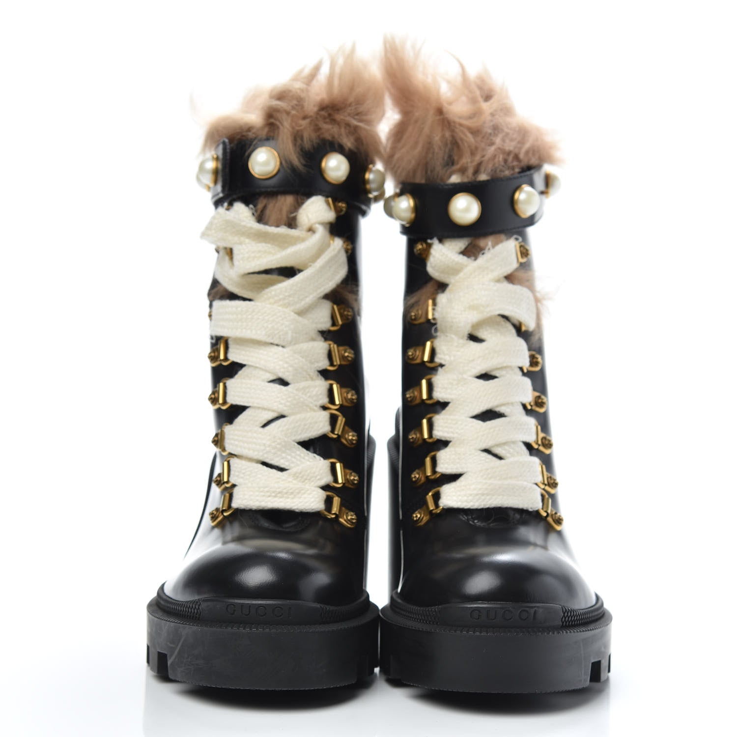 Gucci Magnum Calfskin Fur Pearl Lace Up Combat Ankle Boots 37 Black Naturale 2 of 10