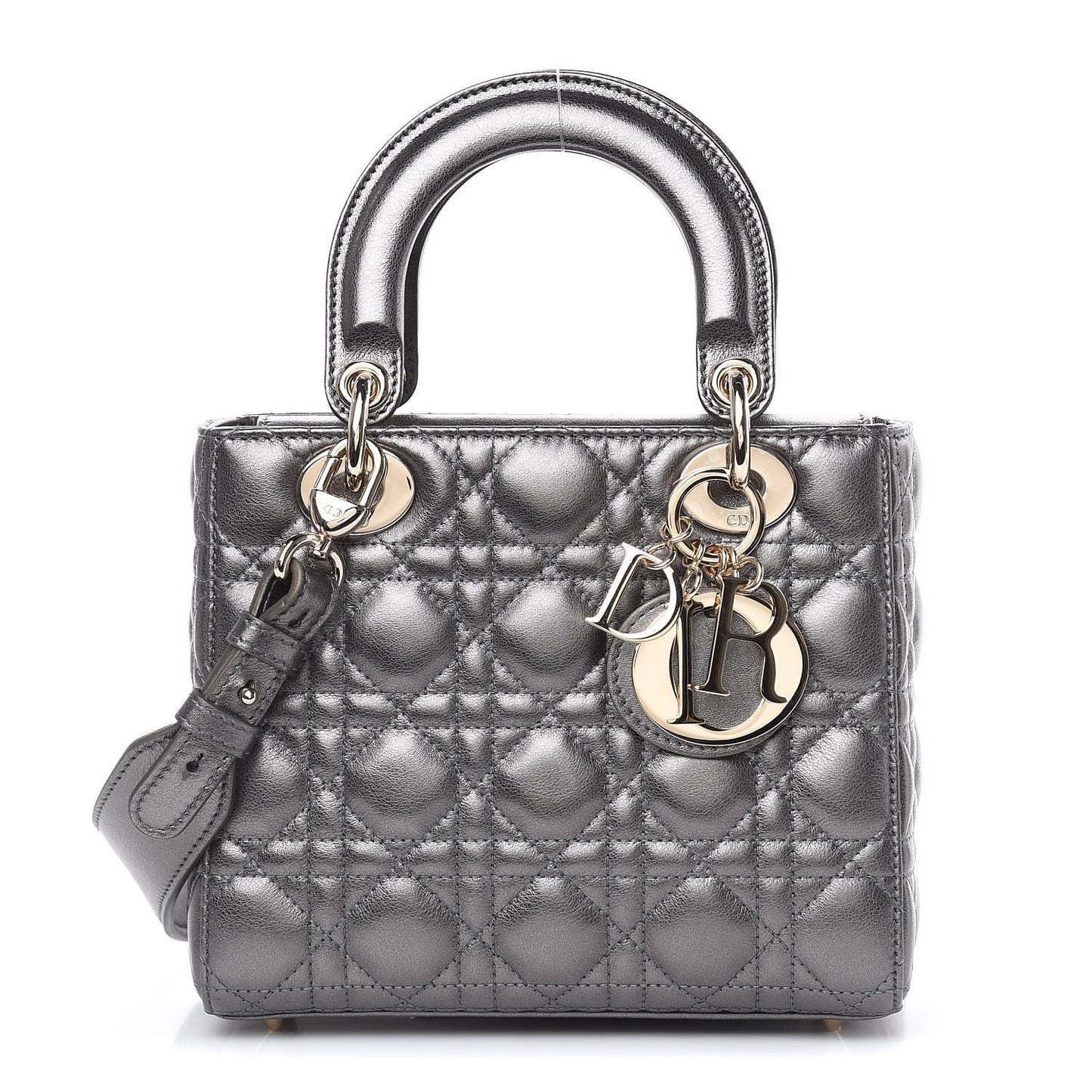Metallic Grained Calfskin Cannage Small Lady Dior Gunmetal