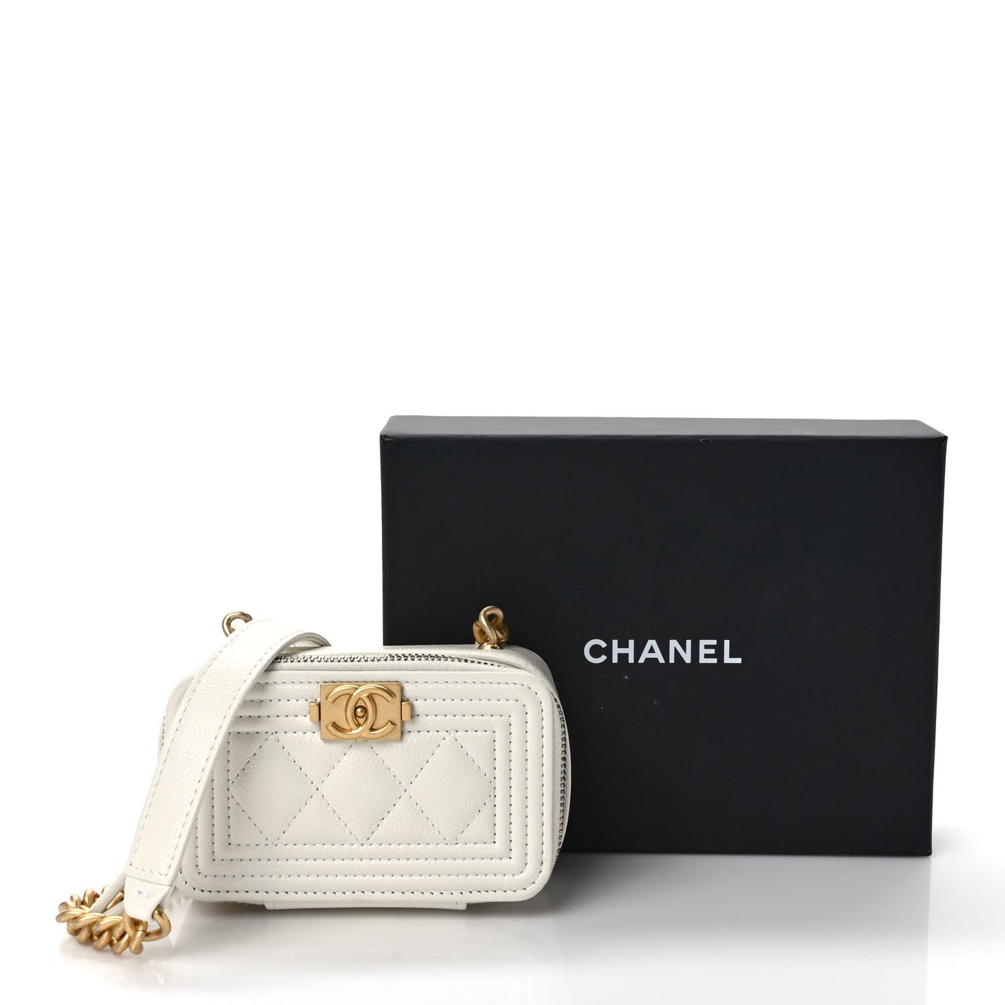Caviar Quilted Mini Boy Clutch With Chain White