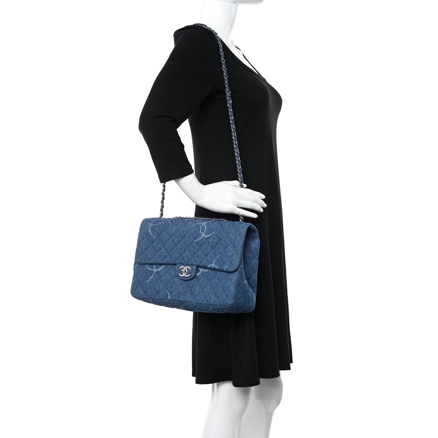 Denim Quilted CC Print Jumbo Single Flap Blue