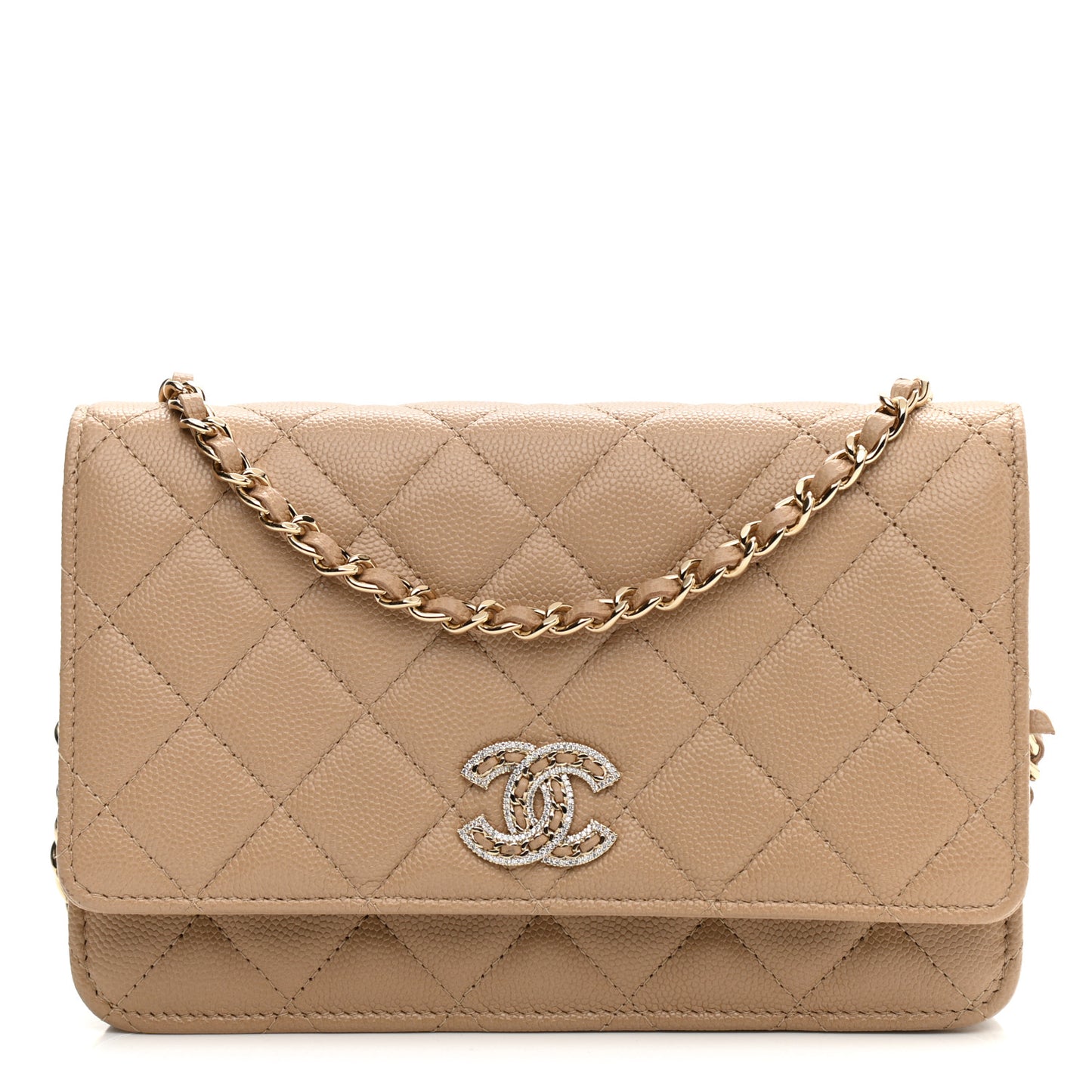 Caviar Quilted Crystal CC Wallet On Chain WOC Beige