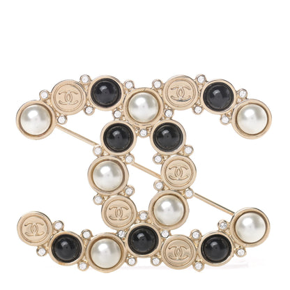 Chanel Crystal Pearl Metal Resin Polka Dot CC Brooch Black Gold 1 of 5