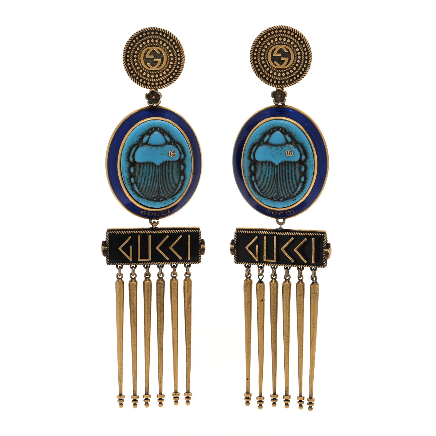 Gucci Metal GG Scarab Tassel Drop Clip Earrings 1 of 4