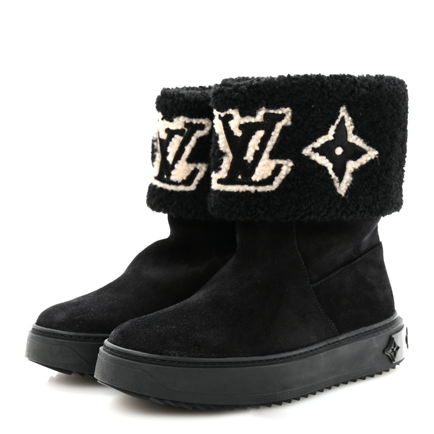Louis Vuitton Suede Calfskin Shearling Snowdrop Flat Ankle Boot 37.5 Black 4 of 8