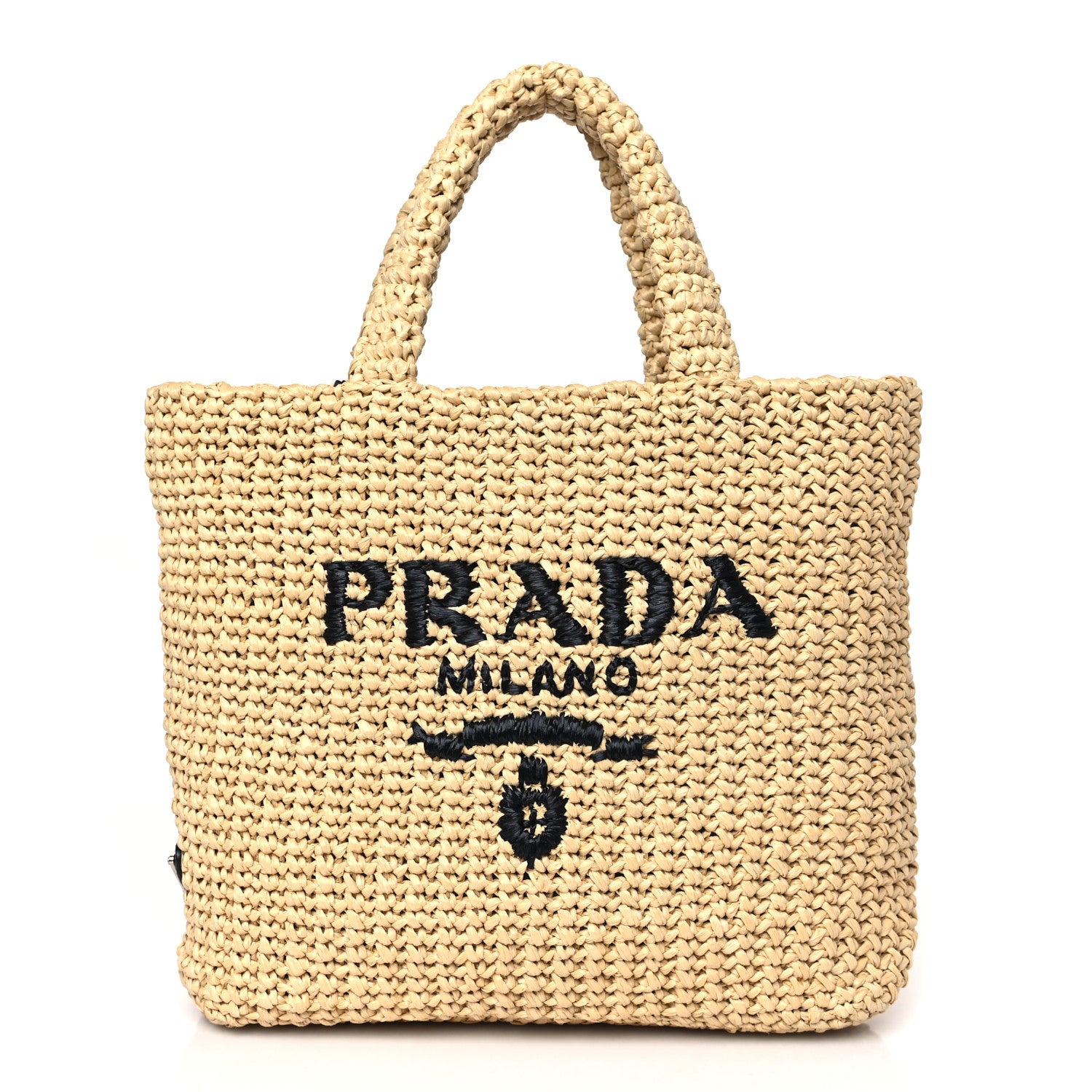 Prada Yarn Raffia Effect Crochet Embroidered Small Logo Tote Naturale 1 of 8