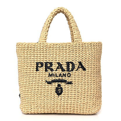 Prada Yarn Raffia Effect Crochet Embroidered Small Logo Tote Naturale 1 of 8
