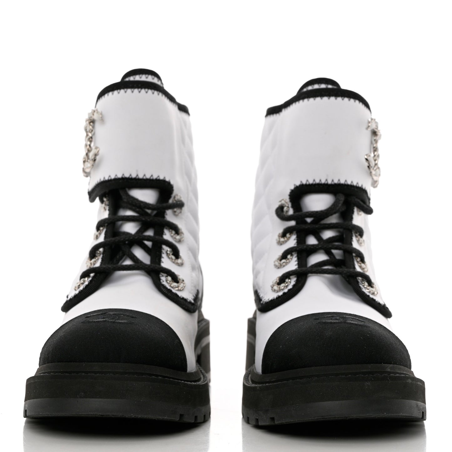 Fabric Grosgrain Quilted Cap Toe Lace Up Combat Boots 40 White Black