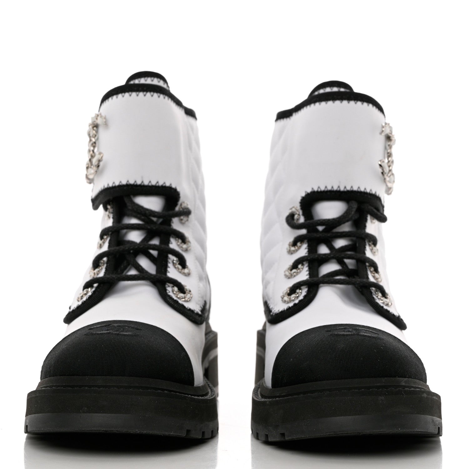 Chanel Fabric Grosgrain Quilted Cap Toe Lace Up Combat Boots 40 White Black 2 of 12
