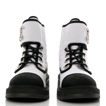 Chanel Fabric Grosgrain Quilted Cap Toe Lace Up Combat Boots 40 White Black 2 of 12
