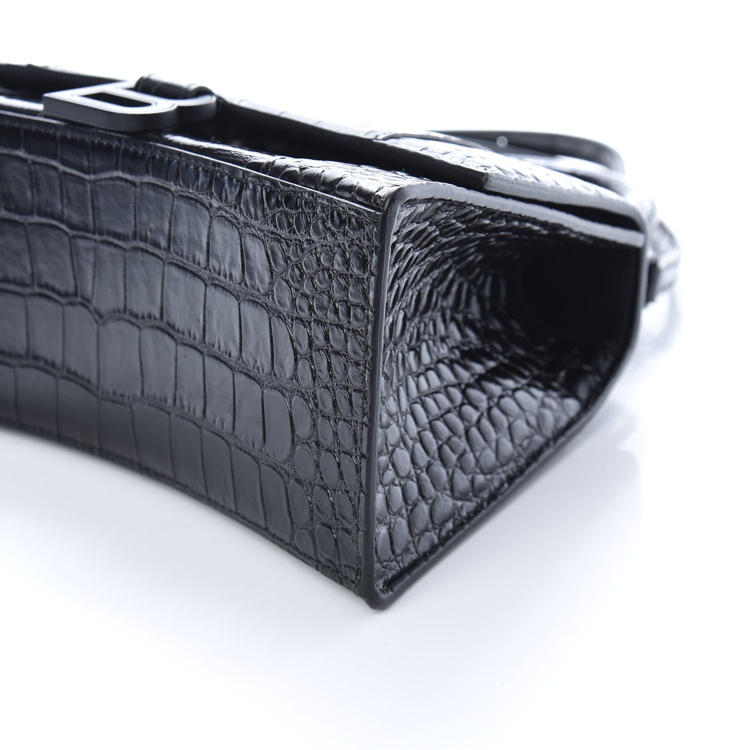 Balenciaga Shiny Calfskin Monochrome Crocodile Embossed Small Hourglass Top Handle Bag Black 8 of 9