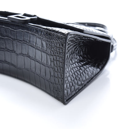 Balenciaga Shiny Calfskin Monochrome Crocodile Embossed Small Hourglass Top Handle Bag Black 8 of 9
