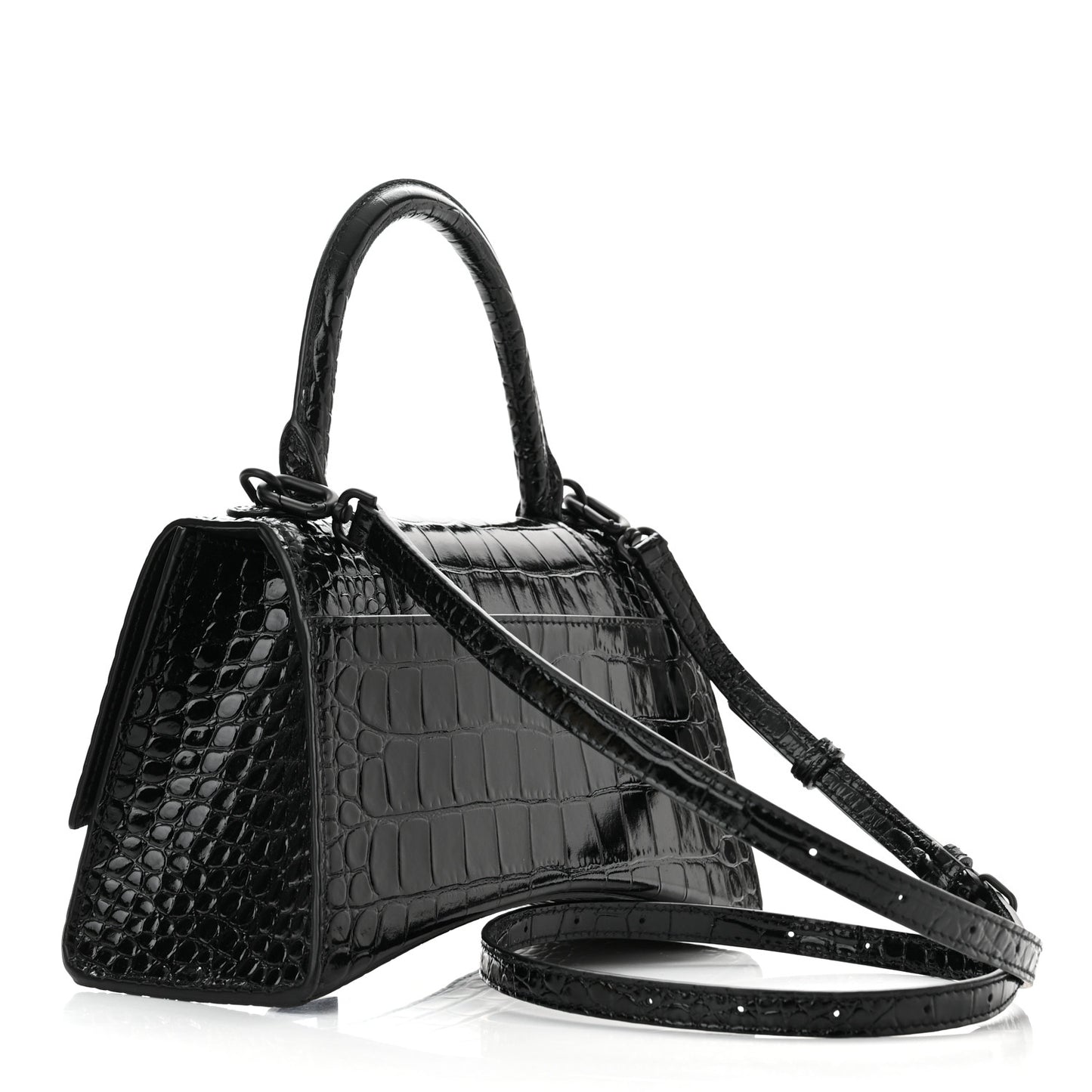 Shiny Calfskin Monochrome Crocodile Embossed Small Hourglass Top Handle Bag Black