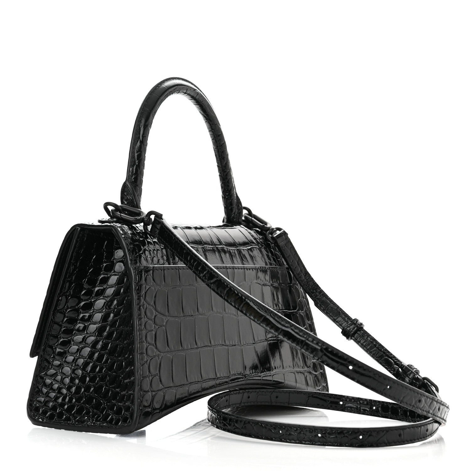 Balenciaga Shiny Calfskin Monochrome Crocodile Embossed Small Hourglass Top Handle Bag Black 3 of 11