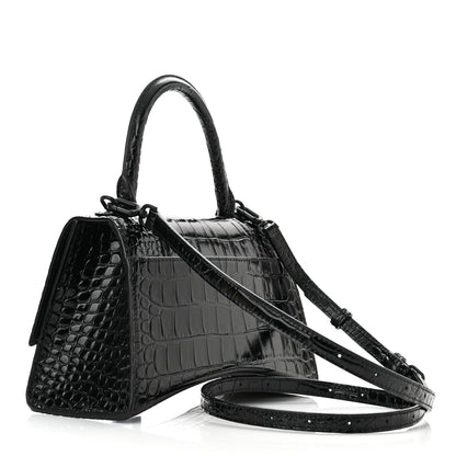 Balenciaga Shiny Calfskin Monochrome Crocodile Embossed Small Hourglass Top Handle Bag Black 3 of 11