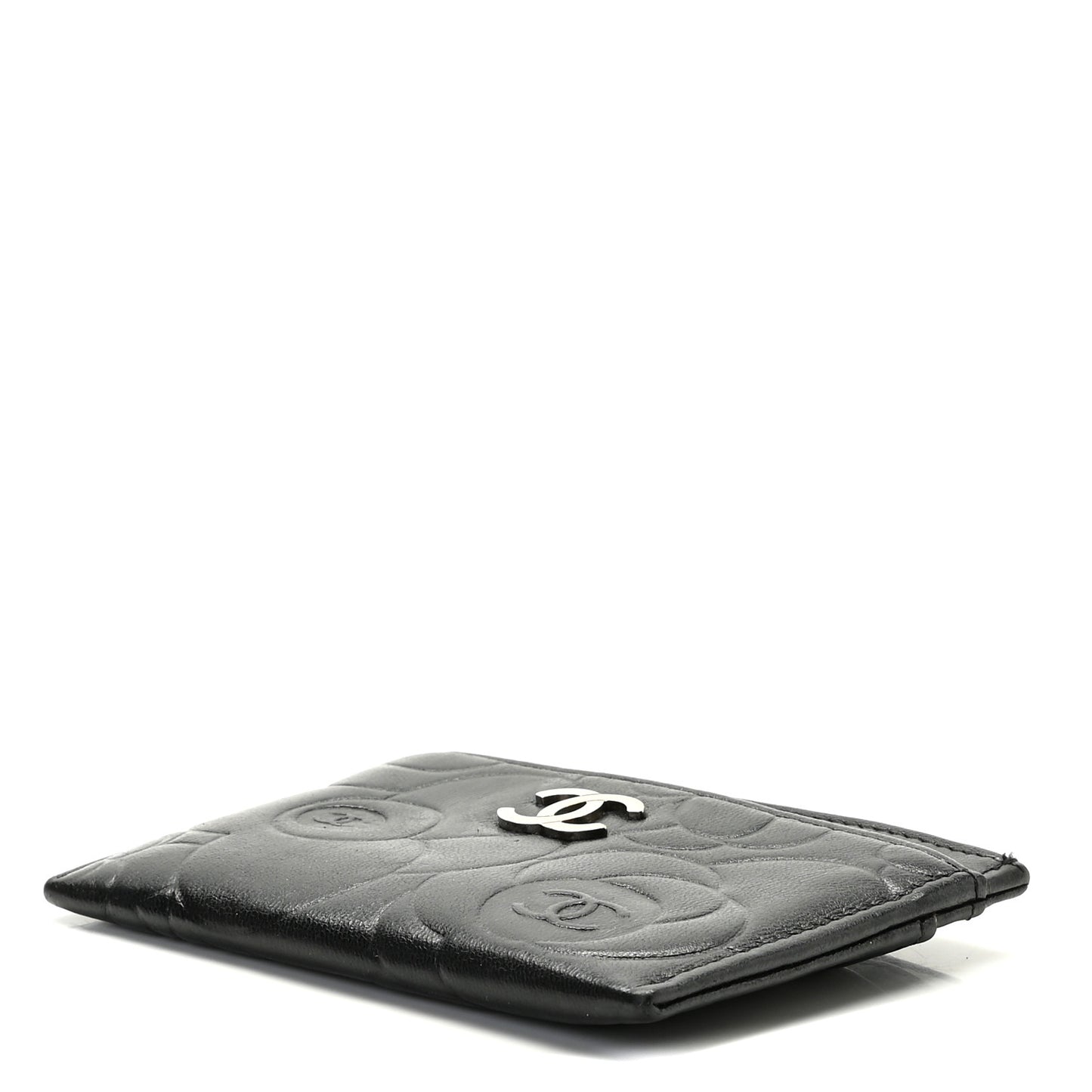 Lambskin Camellia Stitched Card Holder Black
