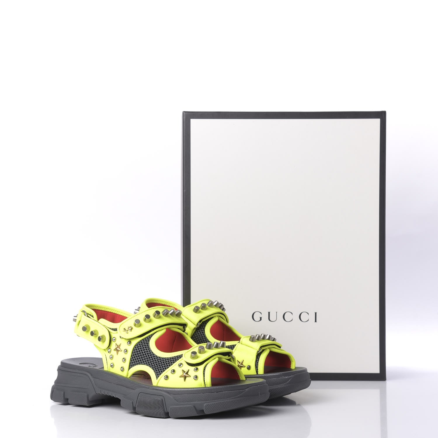 Gucci Technical Canvas Calfskin Studded Mens Aguru Sandals 10 Neon Yellow 9 of 9
