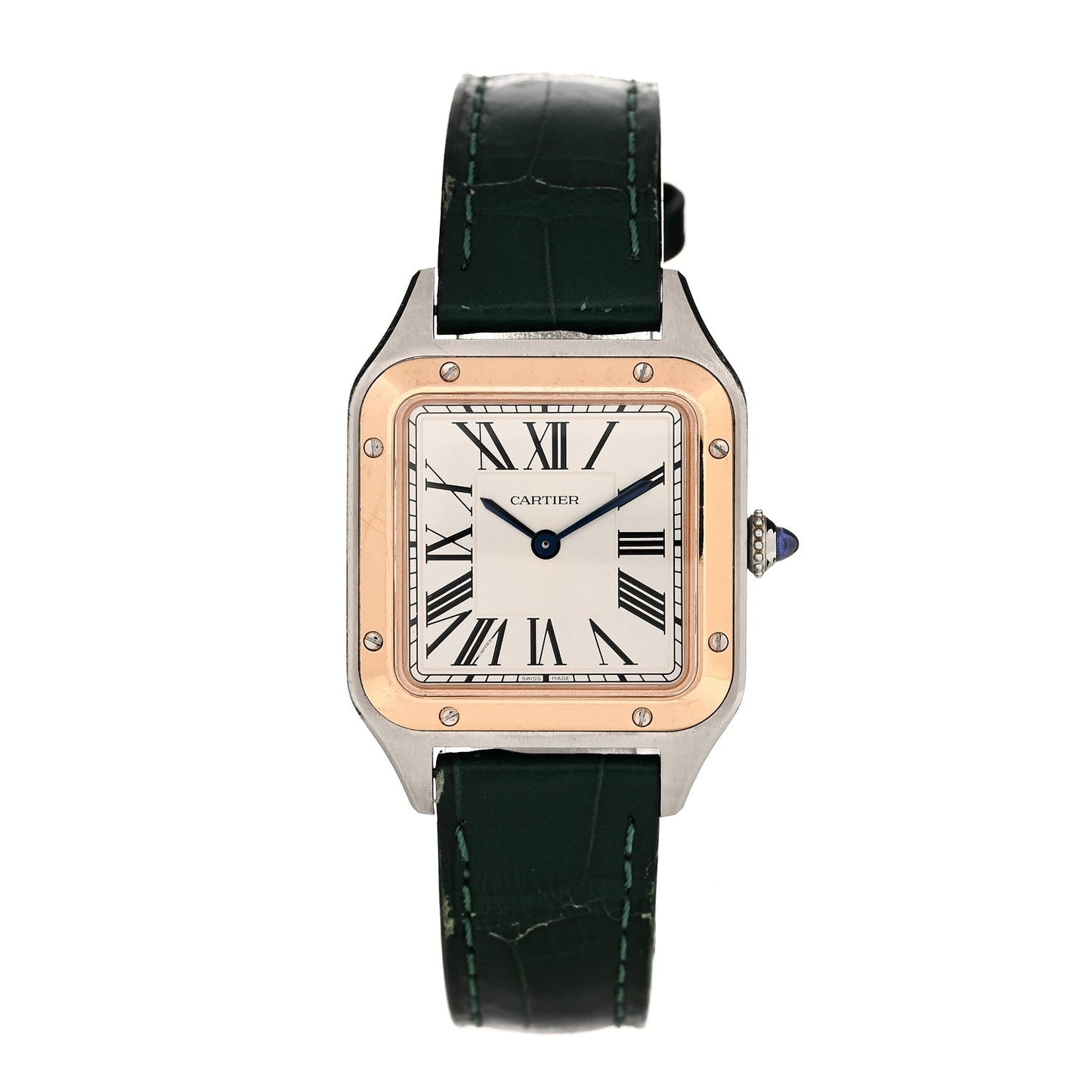 Stainless Steel 18K Pink Gold Alligator 27.5mm Santos Dumont Quartz Watch Green
