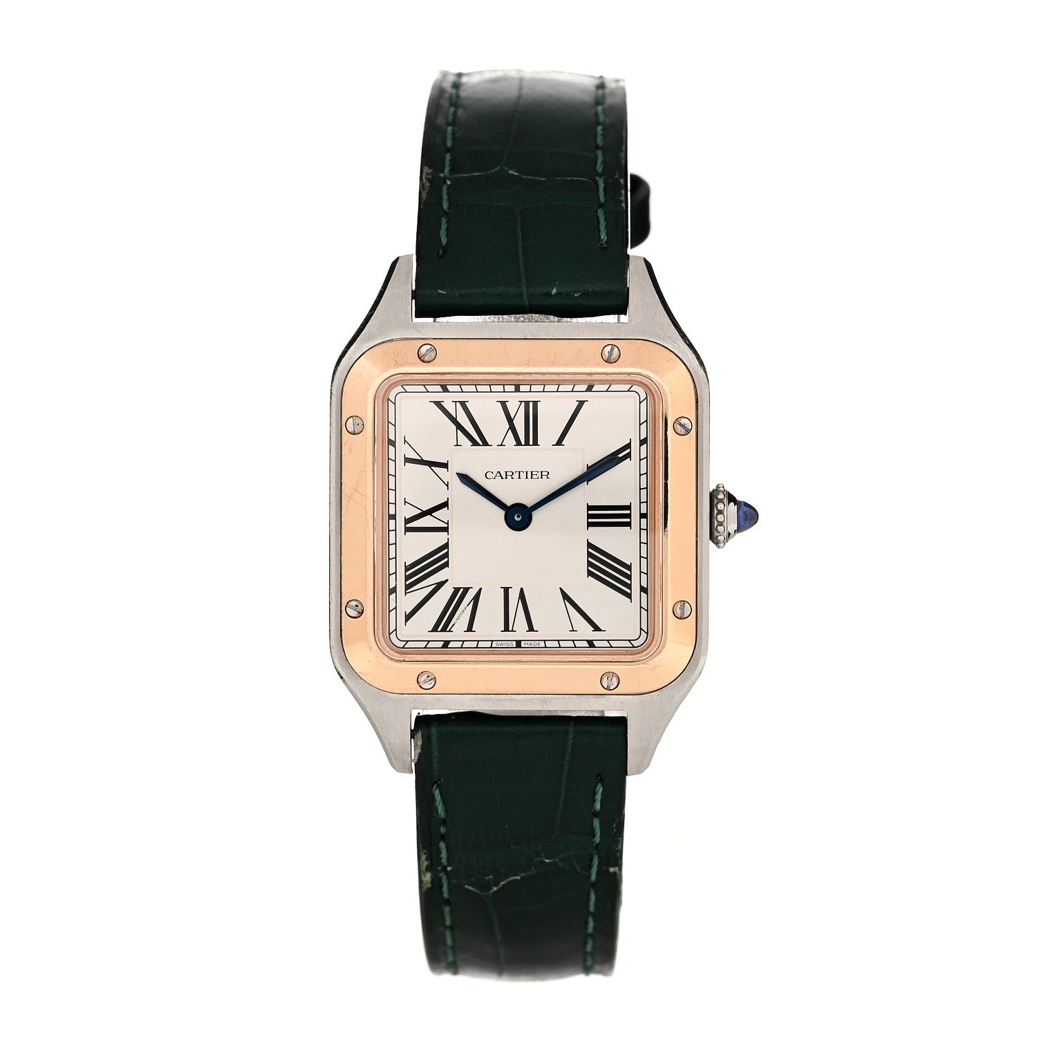 Cartier Stainless Steel 18K Pink Gold Alligator 27.5mm Santos Dumont Quartz Watch Green 1 of 4