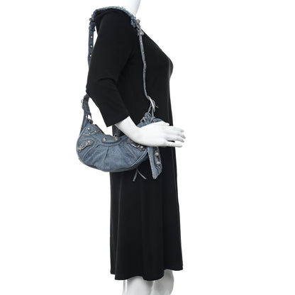 Balenciaga Washed Frayed Denim Crystal Small Le Cagole Shoulder Bag Blue 2 of 9