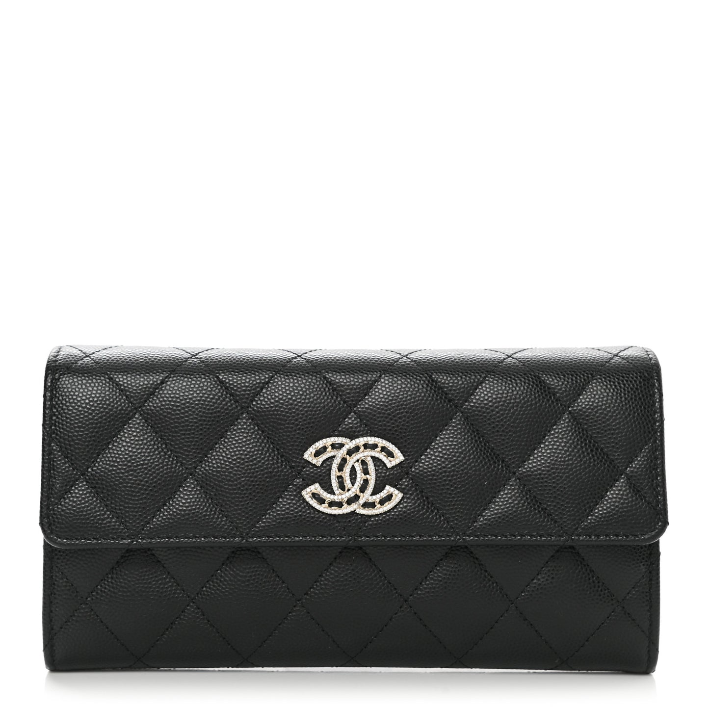 Caviar Quilted Crystal CC Large Gusset Flap Wallet Black