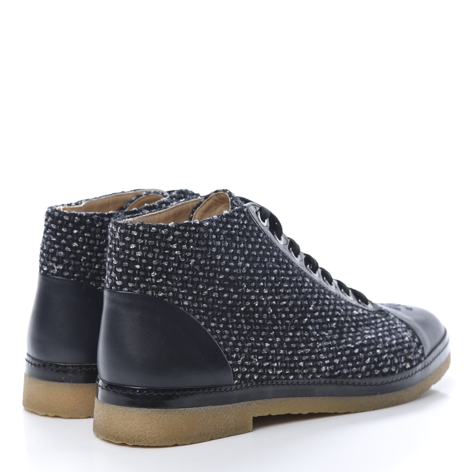 Chanel Tweed Calfskin Patent CC Lace Up Short Boots 41 Black Grey Dark Navy 4 of 9
