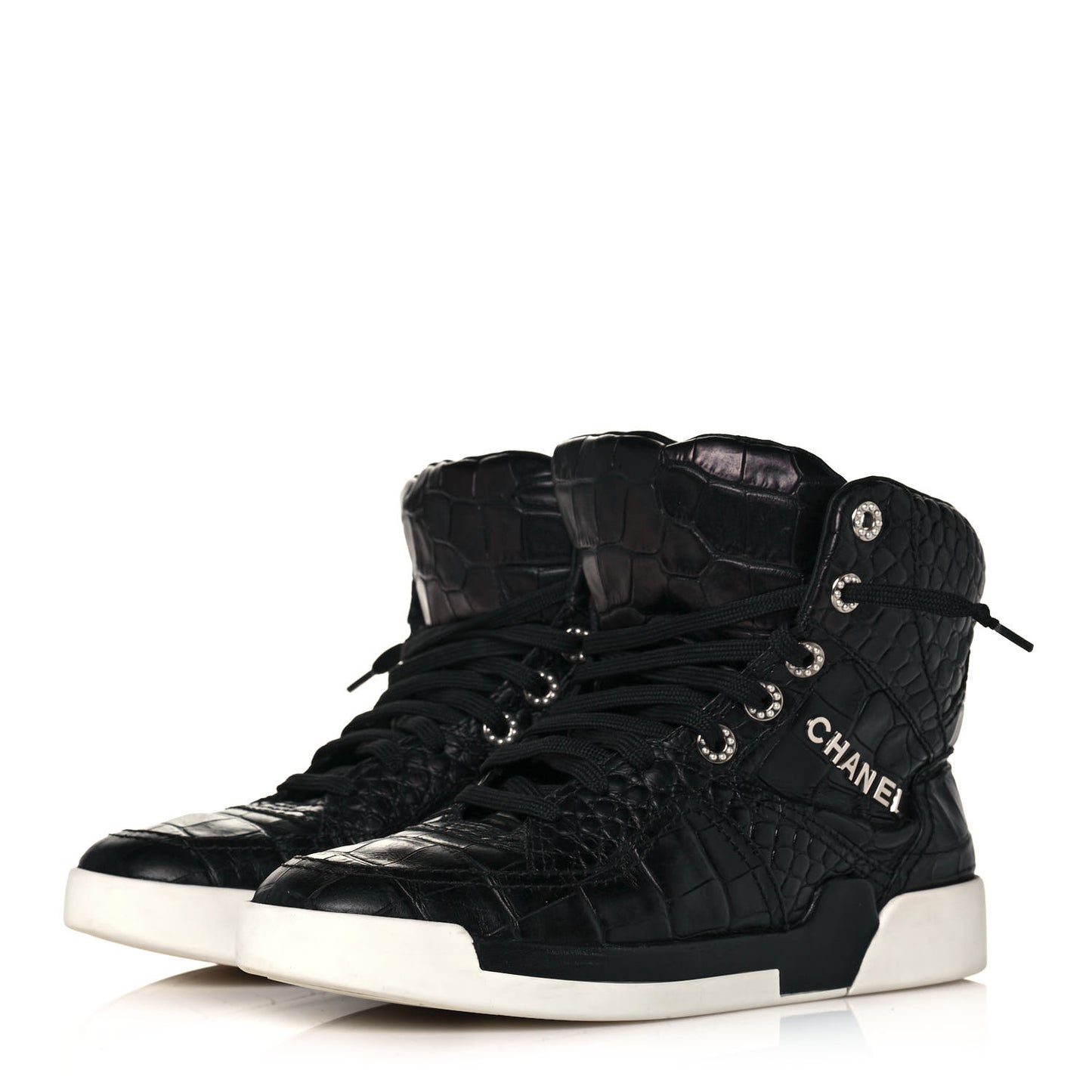 Calfskin Crocodile Embossed Cocodile High Top Sneakers 39 Black