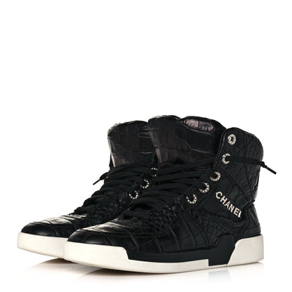 Chanel Calfskin Crocodile Embossed Cocodile High Top Sneakers 39 Black 3 of 9