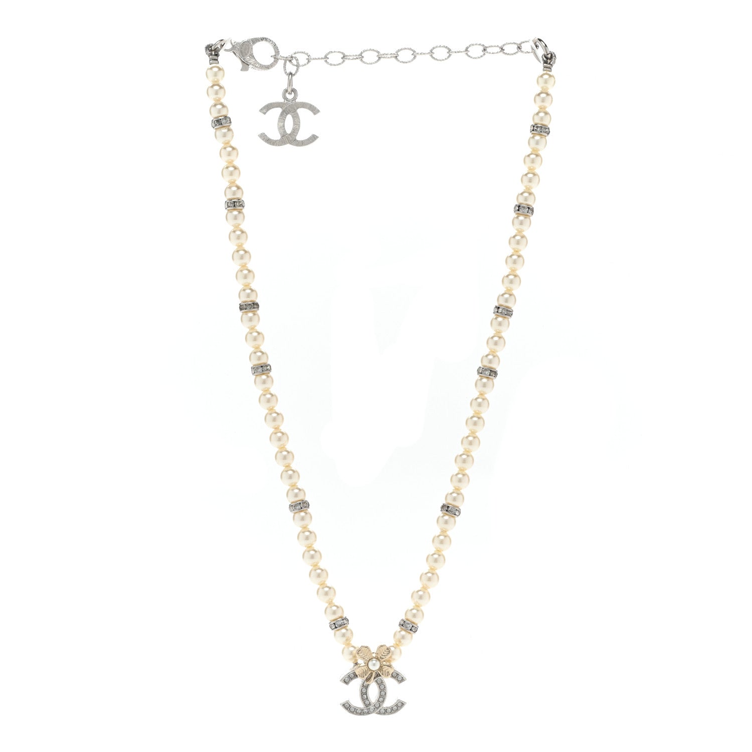 Chanel Pearl Crystal Chain CC Clover Necklace Gold Silver 3 of 6