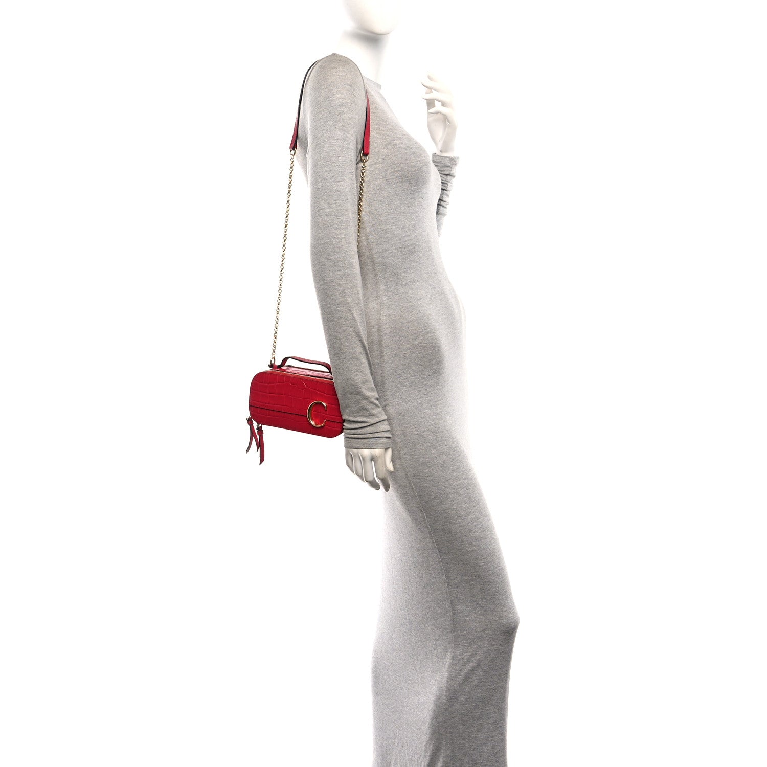 Chloe Calfskin Crocodile Embossed Mini C Vanity Bag Red 2 of 10