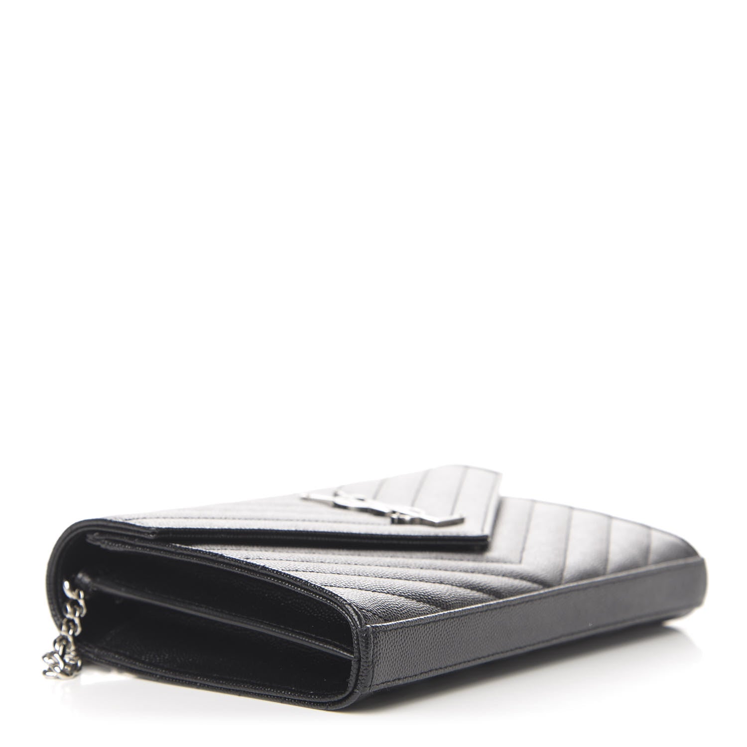 Saint Laurent Grain De Poudre Matelasse Chevron Monogram Chain Wallet Black 4 of 9