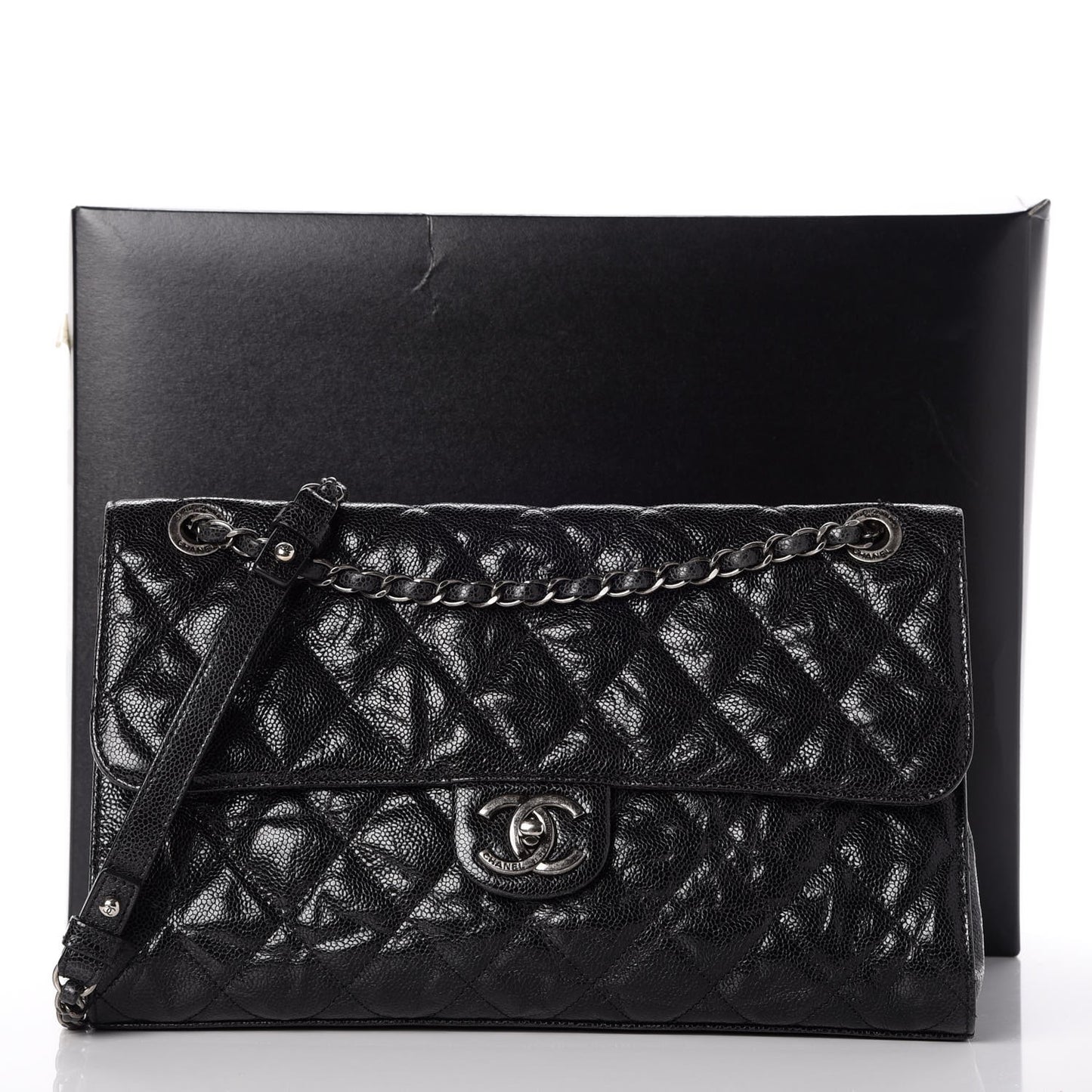 Crumpled Grained Calfskin Jumbo CC Crave Flap Black