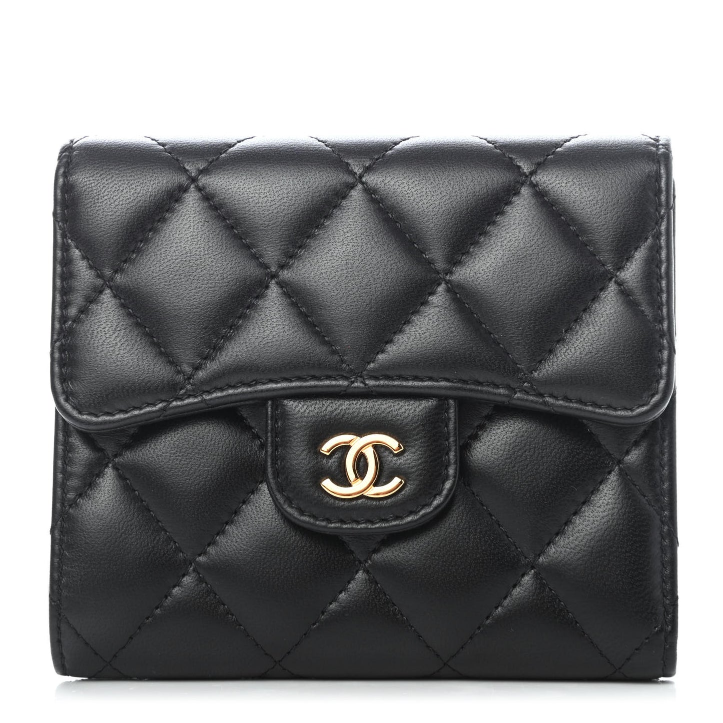 Lambskin Quilted Compact Flap Wallet Black