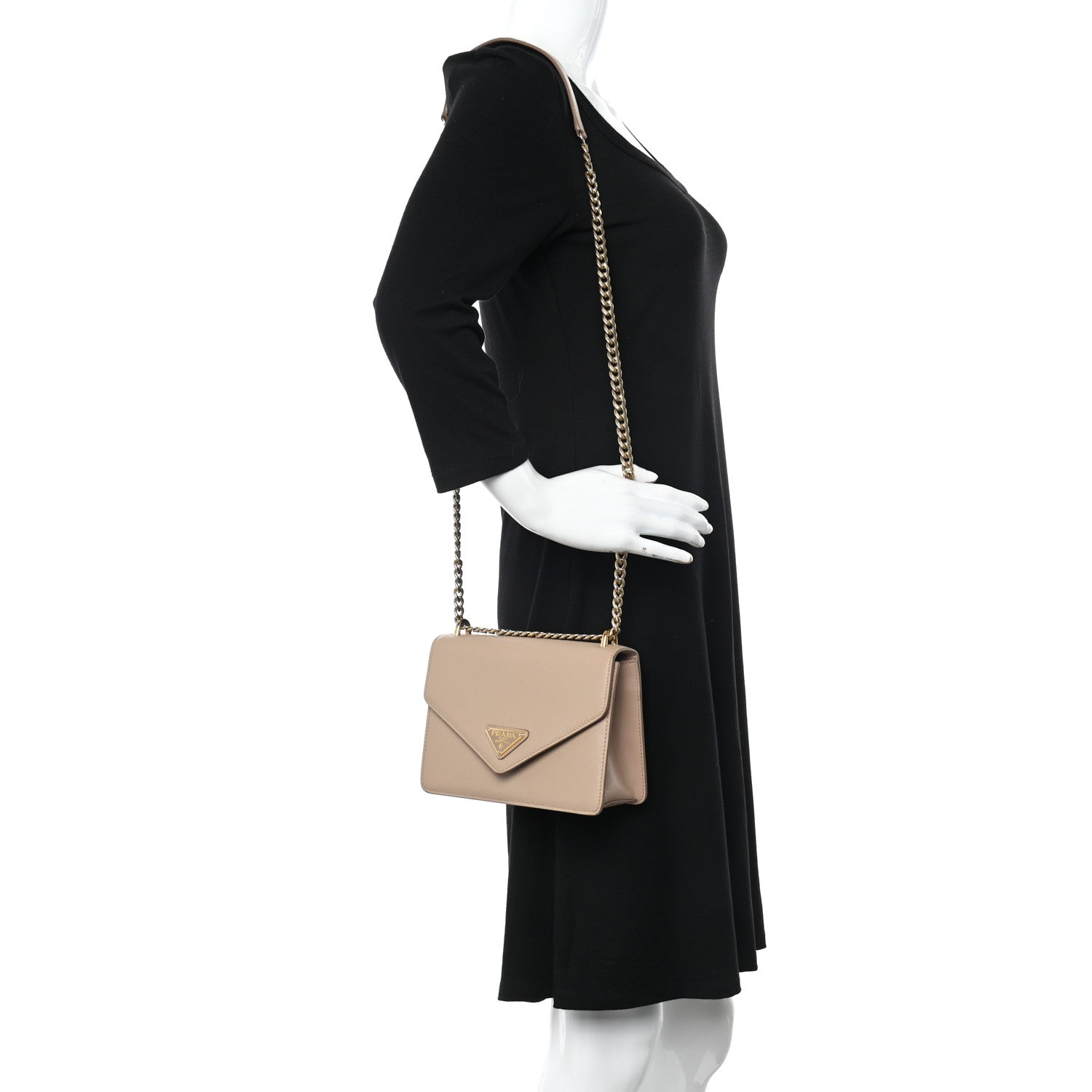Prada Saffiano Soft Calfskin Metal Triangle Logo Envelope Chain Shoulder Bag Cammeo 2 of 9