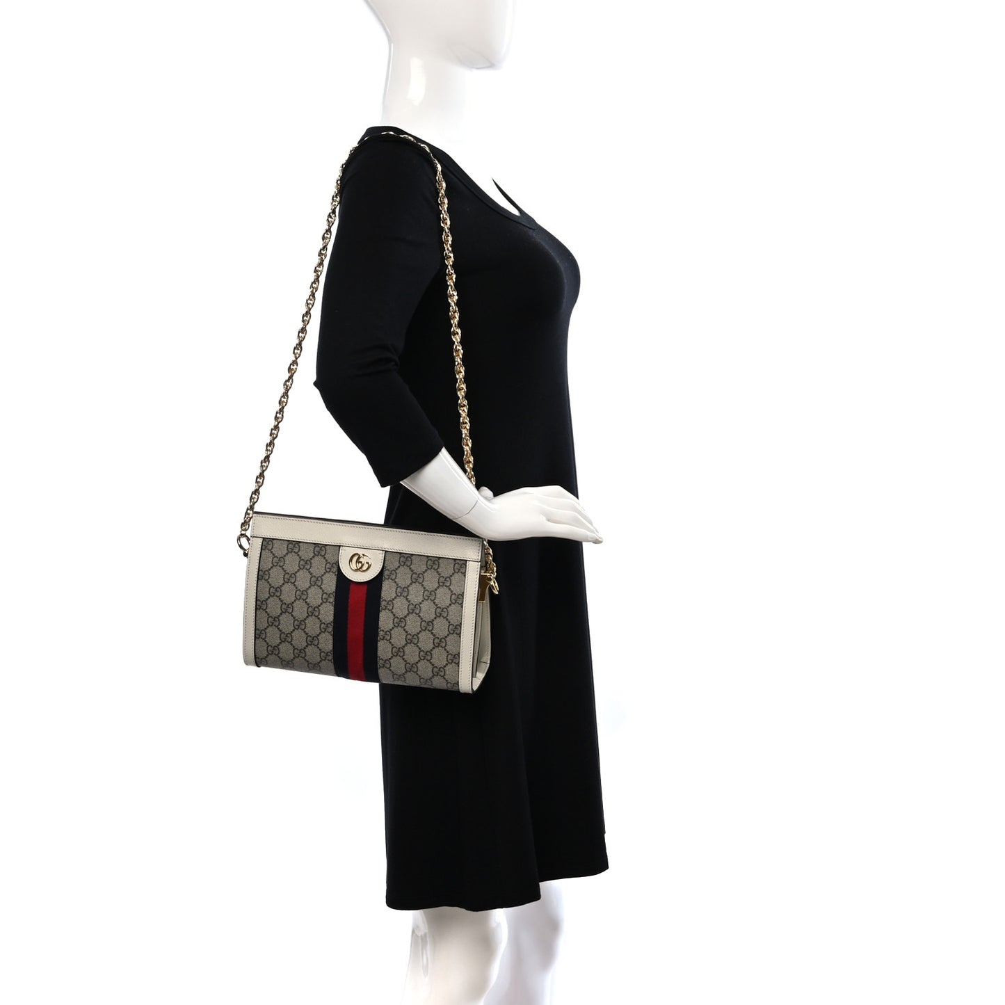GG Supreme Monogram Textured Calfskin Web Small Ophidia Chain Shoulder Bag Beige Ebony Mystic White