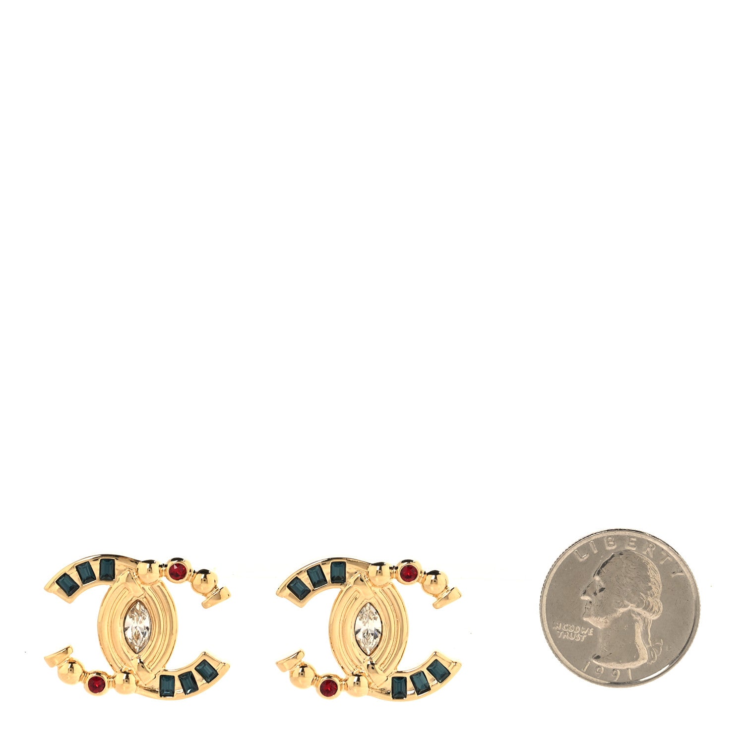 Chanel Metal Crystal CC Earrings Blue Red 2 of 5