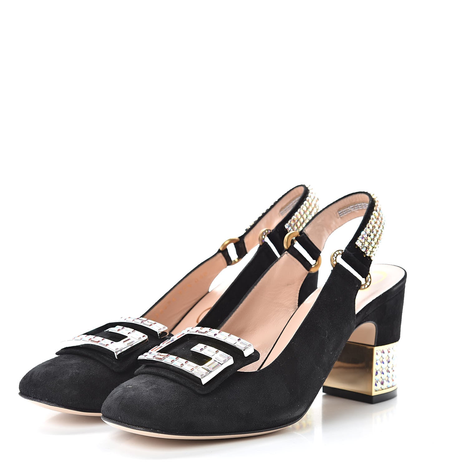 Gucci Kid Scamosciato Crystal Square G Madelyn Slingbacks 37.5 Black 3 of 14