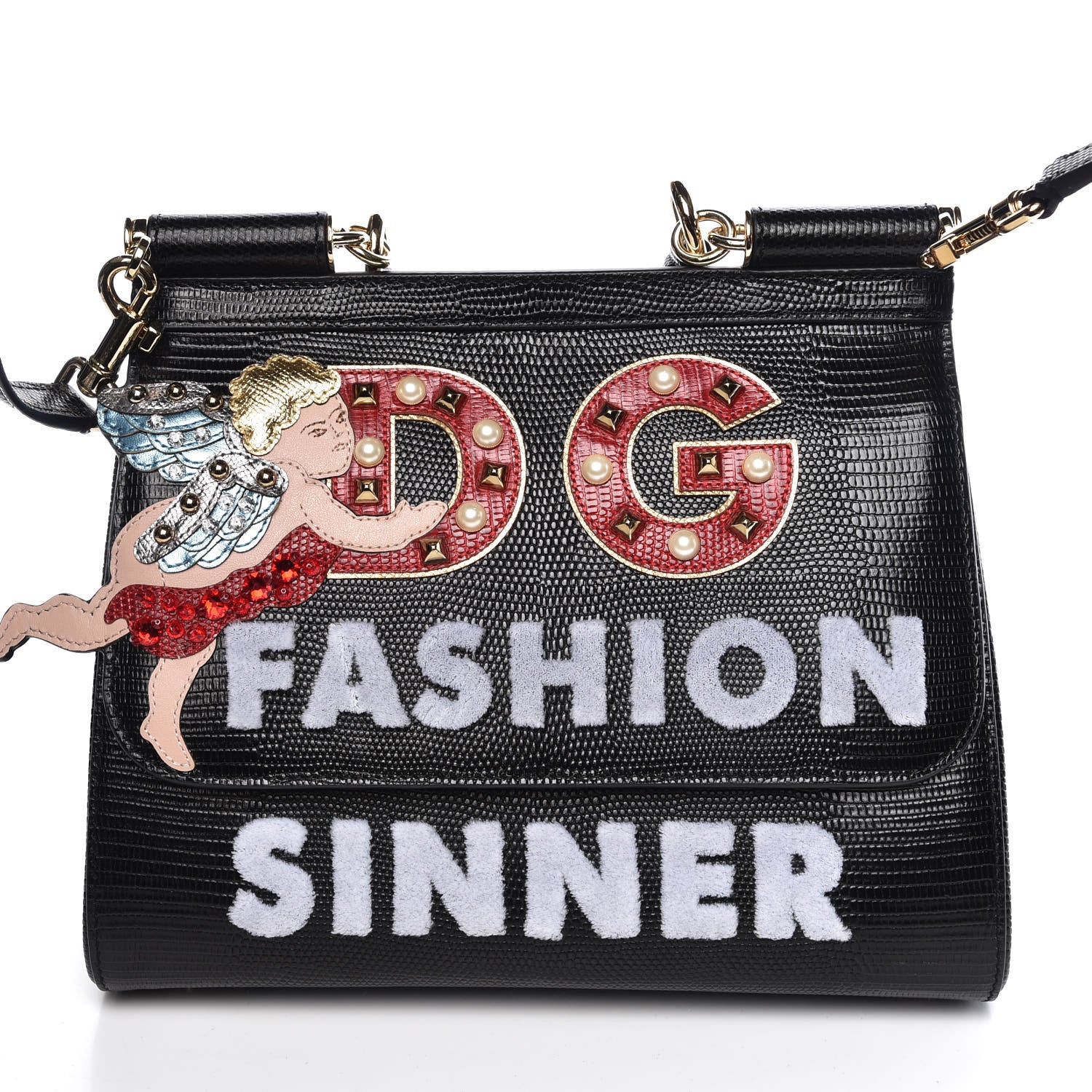 Dolce & Gabbana Calfskin Iguana Embossed Studded Medium Fashion Sinner Patch Miss Sicily Satchel Black 9 of 10