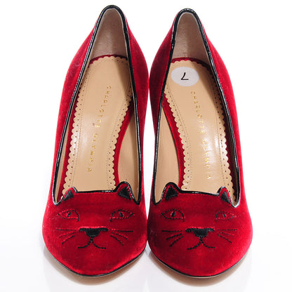 FASHIONPHILE CHARLOTTEOLYMPIAVelvetKittyPumps37Red 2 of 7