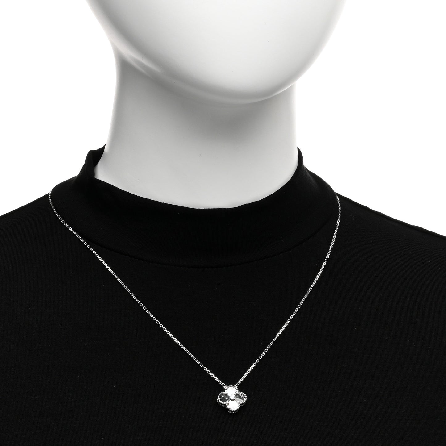 18K White Gold Diamond Guilloche Vintage Alhambra Pendant Necklace