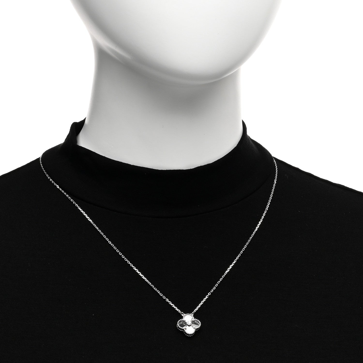 Van Cleef & Arpels 18K White Gold Diamond Guilloche Vintage Alhambra Pendant Necklace 2 of 7