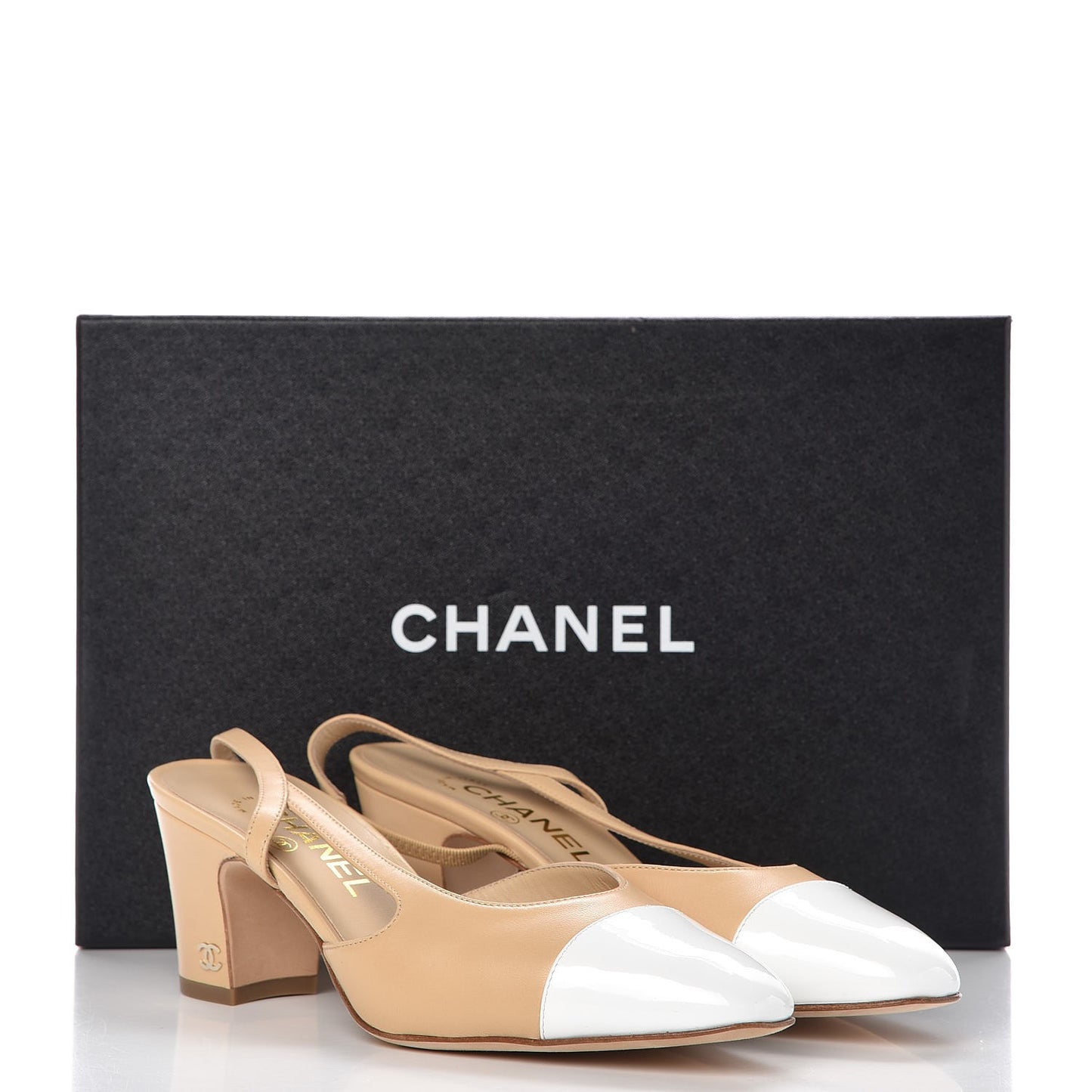 Lambskin Patent Cap Toe CC Slingback Sandals 37 Beige White