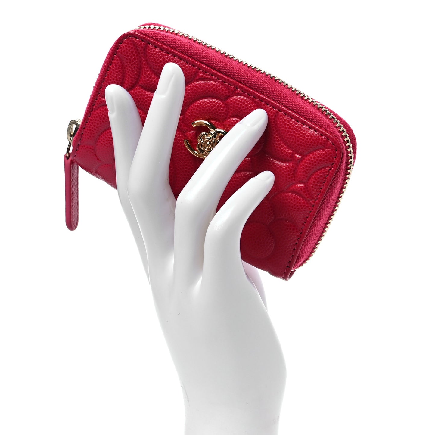 Caviar Camellia Embossed Zip Coin Purse Dark Pink